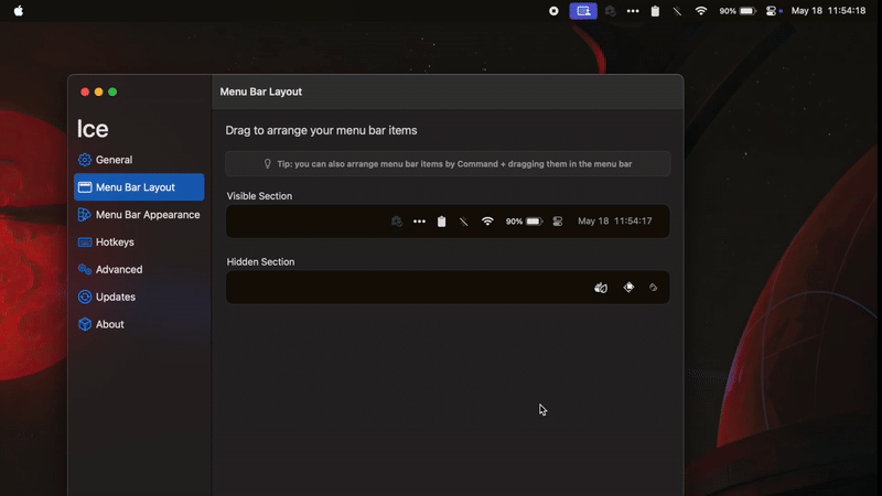 ice menu bar settings on macos