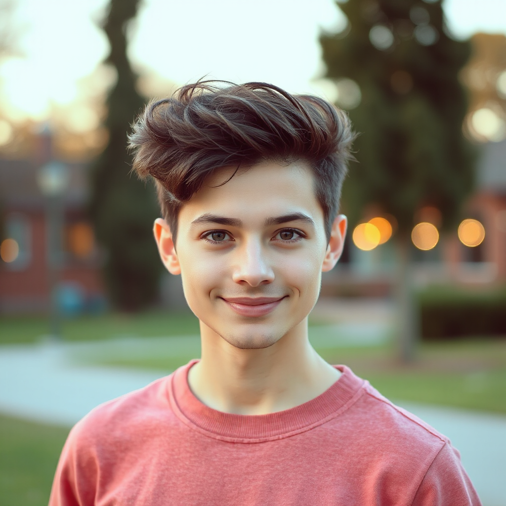 Casual profile picture for social media, relaxed outfit, aesthetic outdoor background with soft bokeh, natural golden-hour style lighting, friendly expression, sharp eyes, flattering skin tones, in realistic style, depicting characters