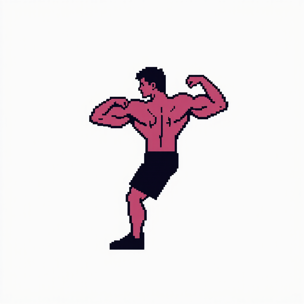 Retro NES-style game sprite, 32x32 pixels.
Side view of a person doing a shoulder press.
Very simple blocky shapes, exaggerated pose.
Flat colors only, no shading gradients.
Clear silhouette, readable when scaled down.
Transparent background.