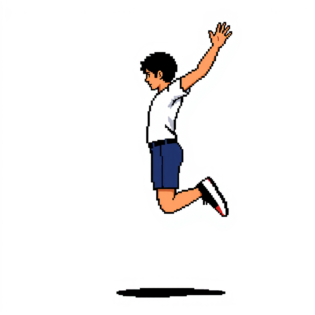 Retro NES-style game sprite, 32x32 pixels.
Side view of a person doing a jumping jacks.
Very simple blocky shapes, exaggerated pose.
Flat colors only, no shading gradients.
Clear silhouette, readable when scaled down.
Transparent background.