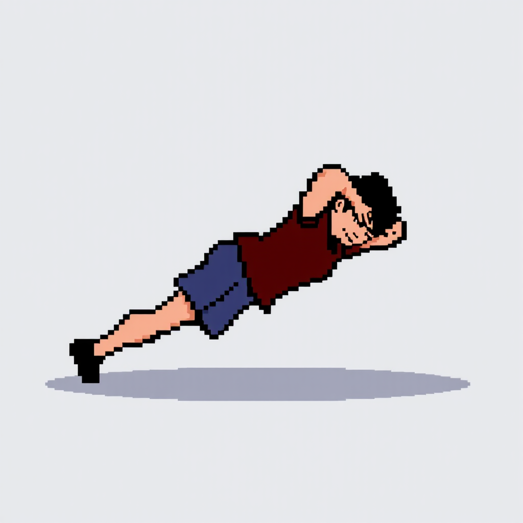 Retro NES-style game sprite, 32x32 pixels.
Side view of a person doing a plank.
Very simple blocky shapes, exaggerated pose.
Flat colors only, no shading gradients.
Clear silhouette, readable when scaled down.
Transparent background.