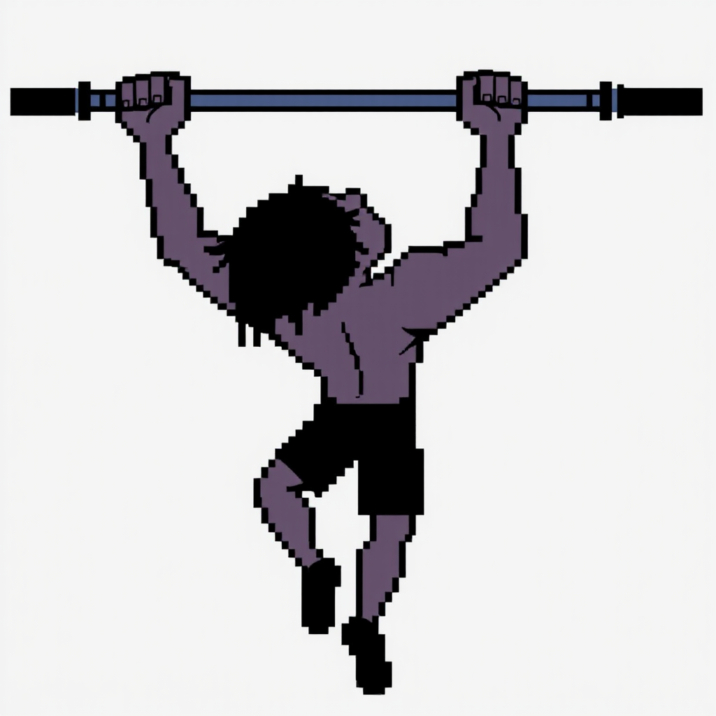 Retro NES-style game sprite, 32x32 pixels.
Side view of a person doing a pull-ups.
Very simple blocky shapes, exaggerated pose.
Flat colors only, no shading gradients.
Clear silhouette, readable when scaled down.
Transparent background.