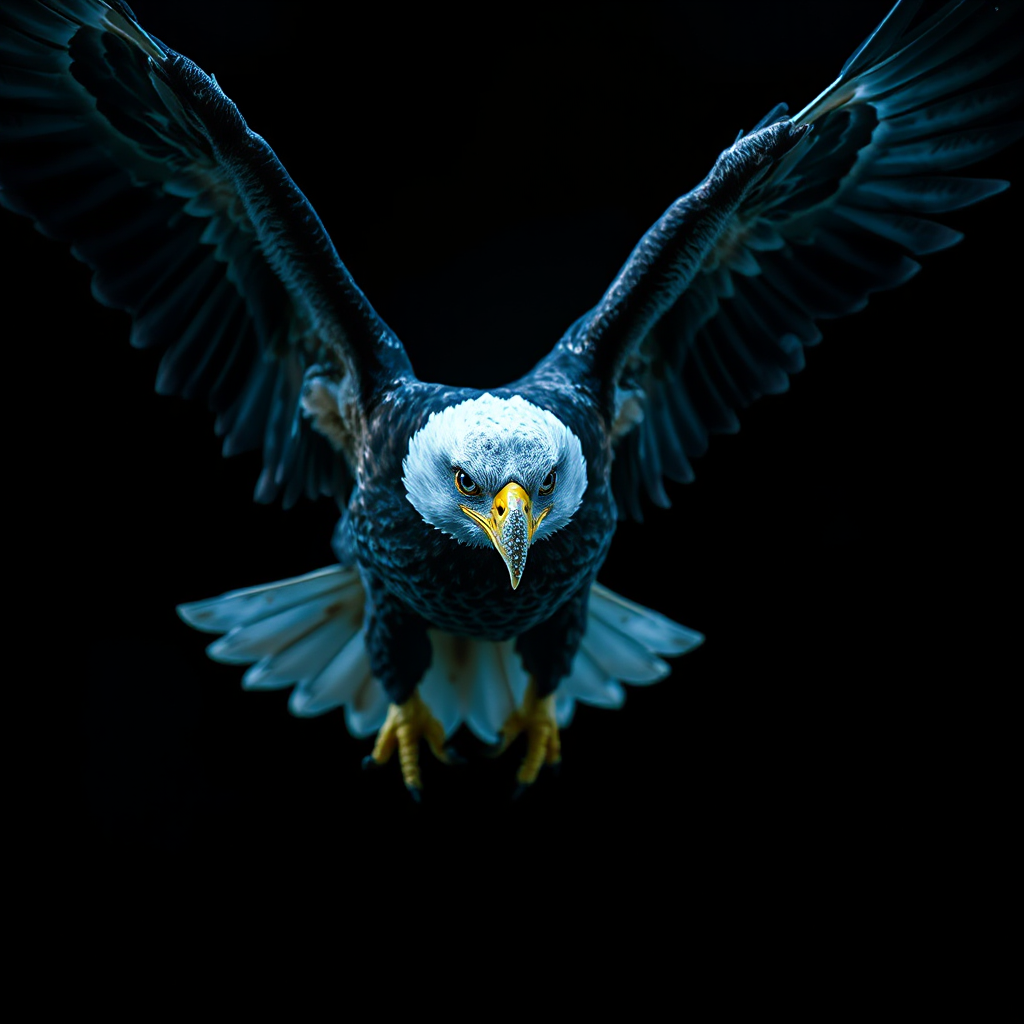 Bald eagle flying in mid air, wings fully extended,
cinematic dark tone, black background,
cold blue lighting, high contrast,
beak fully covered with diamonds, hyper detailed, sharp reflective gemstones,
luxury aggressive aesthetic,
intense eyes staring down, observing from above,
feeling of control and silence,
ultra realistic, 8k, dramatic lighting, film grai::—
