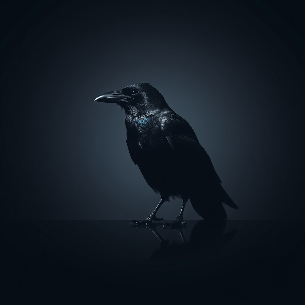 Raven standing still, minimal composition,

dark background, cold dim lighting,

subtle diamond reflection on beak,

low-key luxury style,

silent, observing, no emotion,

feeling of mystery and control,

ultra realistic, cinematic, high contrast shws

:::—