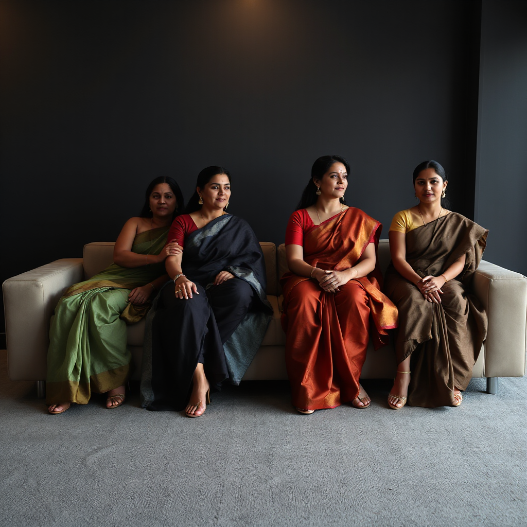 A group of 4 confident South Indian women sitting on a modern sofa, wearing elegant sarees (silk and cotton), neat draping, natural posture, all body parts anatomically correct, two legs per person, two arms per person, realistic hands and fingers, symmetrical faces, clean proportions, no distortion, no extra limbs

strong upright posture, calm confident expressions, direct eye contact, representing empowerment and leadership

cinematic low-key lighting, dark moody background, soft rim light highlighting their silhouettes, deep shadows, high contrast, luxurious and powerful atmosphere

minimal modern interior, subtle textures, no clutter

ultra realistic, sharp focus, 1080p, professional photography, 35mm lens, shallow depth of field, highly detailed skin textures
extra limbs, extra legs, extra arms, deformed body, bad anatomy, distorted face, blurry, low quality, duplicate body parts, unnatural posture, mutated hands, fused fingers
wide composition, horizontal banner, empty space on left side, subjects on right
