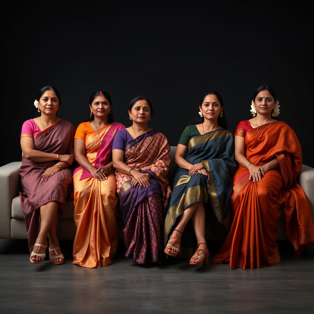 A group of 4 confident South Indian women sitting on a modern sofa, all wearing properly draped traditional sarees with matching blouses (fully covered upper body), modest and culturally accurate attire, no exposed chest, no missing clothing, elegant silk and cotton sarees

each woman has correct human anatomy: two arms, two legs, natural body proportions, realistic hands with five fingers, no extra limbs, no distortion, no duplication, no mutation

strong upright posture, composed and confident body language, direct eye contact with the camera, expressing empowerment, leadership, and unity

diverse South Indian features, natural skin tones, subtle makeup, bindis, optional traditional jewelry, neatly styled hair (some with jasmine flowers)

cinematic low-key lighting, dark moody background, soft rim lighting outlining silhouettes, deep shadows, high contrast, powerful and elegant atmosphere

minimal modern interior, clean composition, no clutter

wide horizontal composition, website hero banner style, subjects slightly to the right, empty space on the left for text

ultra realistic, highly detailed, sharp focus, professional photography, 35mm lens, shallow depth of field, 1080p resolution

NEGATIVE PROMPT:
extra limbs, extra legs, extra arms, missing blouse, exposed chest, nudity, deformed body, bad anatomy, distorted face, blurry, low quality, duplicate body parts, fused fingers, unnatural posture, cropped body parts
