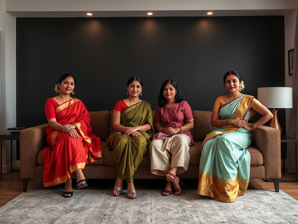 A group of 4 confident South Indian women in a modern living room setting, arranged naturally around a stylish sofa: some women sitting on the sofa, one woman sitting casually on the armrest, and one or two women standing behind the sofa

mixed traditional and modern attire: some women wearing elegant sarees with properly fitted blouses (fully covered, modest), and others wearing contemporary outfits (such as kurtis or smart casual wear), all clothing culturally appropriate and fully intact

each person has correct human anatomy: two arms, two legs, realistic hands with five fingers, natural body proportions, no extra limbs, no distortion, no duplication

strong, confident body language, upright posture, relaxed but powerful poses, direct eye contact with the camera, expressing empowerment, leadership, and unity

diverse South Indian features, natural skin tones, subtle makeup, optional bindis, minimal traditional jewelry, neatly styled hair (some with jasmine flowers)

cinematic low-key lighting, dark moody background, soft rim lighting highlighting silhouettes, deep shadows, high contrast, dramatic and empowering atmosphere

minimal modern interior, clean and uncluttered, premium aesthetic

wide horizontal composition, website hero banner style, subjects positioned slightly to the right, empty space on the left for text

ultra realistic, highly detailed, sharp focus, professional photography, 35mm lens, shallow depth of field, 1080p resolution

NEGATIVE PROMPT:
extra limbs, extra legs, extra arms, missing clothing, exposed chest, nudity, deformed body, bad anatomy, distorted face, blurry, low quality, duplicate people, fused fingers, unnatural posture, cropped heads, cut off limbs

