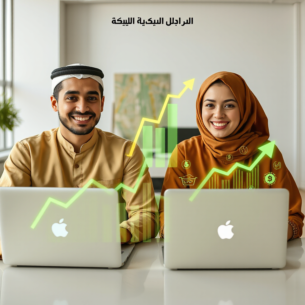 Vertical 9:16 Instagram story advertising image, two young Arab entrepreneurs (one male, one female) working together on laptops in a modern bright office, smiling and celebrating success. Behind them glowing green and gold financial growth charts rising upward, futuristic holographic UI elements, ecommerce icons floating subtly. Bright cinematic lighting, high contrast, ultra realistic, professional marketing campaign style. Clean negative space at the top and center for Arabic promotional text. 4K, sharp focus, depth of field --ar 9:16" ,"Upper third empty, minimal background details for text placement" ,"Middle Eastern modern office style"

