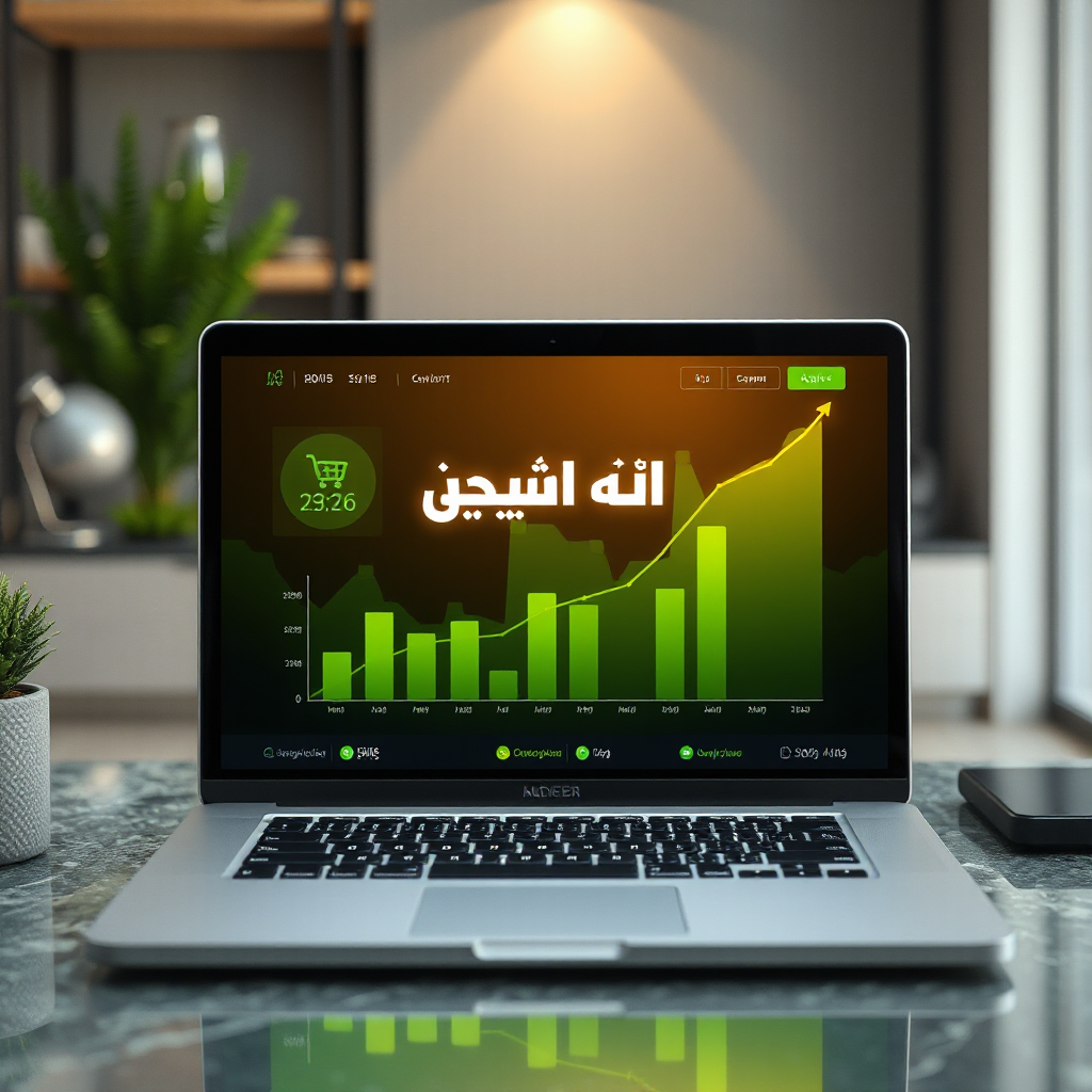 "Vertical 9:16 Instagram story advertising background, modern laptop on desk showing rising ecommerce sales dashboard, glowing upward charts in green and gold, digital marketing concept, futuristic interface overlays, dramatic lighting with high contrast. Clean blurred background with strong empty space in the center for Arabic call-to-action text. Ultra realistic, professional commercial photography, 4K --ar 9:16
", "Upper third empty, minimal background details for text placement
"