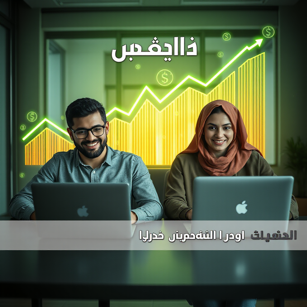 "Vertical 9:16 Instagram story advertising image, two young Arab entrepreneurs (one male, one female) working together on laptops in a modern bright office, smiling and celebrating success. Behind them glowing green and gold financial growth charts rising upward, futuristic holographic UI elements, ecommerce icons floating subtly. Bright cinematic lighting, high contrast, ultra realistic, professional marketing campaign style. Clean negative space at the top and center for Arabic promotional text. 4K, sharp focus, depth of field --ar 9:16" ,"--no text --no letters --no words --no typography"

