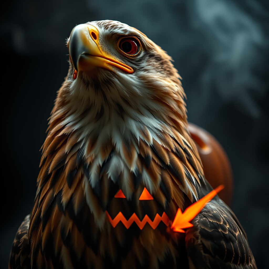 Close-up eagle dengan mata bercahaya merah, kabut hitam dan asap lilin oranye bergerak, background penuh labu jack-o-lantern bersinar samar, vibes horror aesthetic --ar 9:16 --v 7