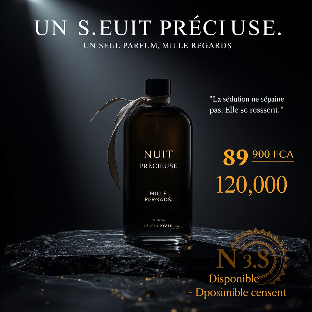 Ultra-realistic luxury perfume advertising poster. A dark smoked glass bottle engraved with the name "NUIT PRÉCIEUSE" sits on a wet black marble surface. Dramatic chiaroscuro lighting — single overhead spotlight creates a sharp cone of light. Deep black velvet background with microscopic gold dust particles floating in the air. A silk ribbon draped around the bottle neck. Thin mist at the base. Reflection of the bottle on marble surface.
Bold headline text overlay at top: "UN SEUL PARFUM. MILLE REGARDS." in white ultra-thin serif font, centered.
Italic quote below: "La séduction ne s'explique pas. Elle se ressent."
Bottom right: glowing gold price badge reading "89 900 FCFA" in elegant font, crossed-out "120 000" in gray above it.
Bottom center: "✦ Disponible maintenant ✦" in tiny uppercase gold tracking letters.
Shot with Leica S3. Color grade: deep blacks, warm gold tones, zero overexposure. 8K. Luxury editorial print style. Aspect ratio 4:5 (Instagram).