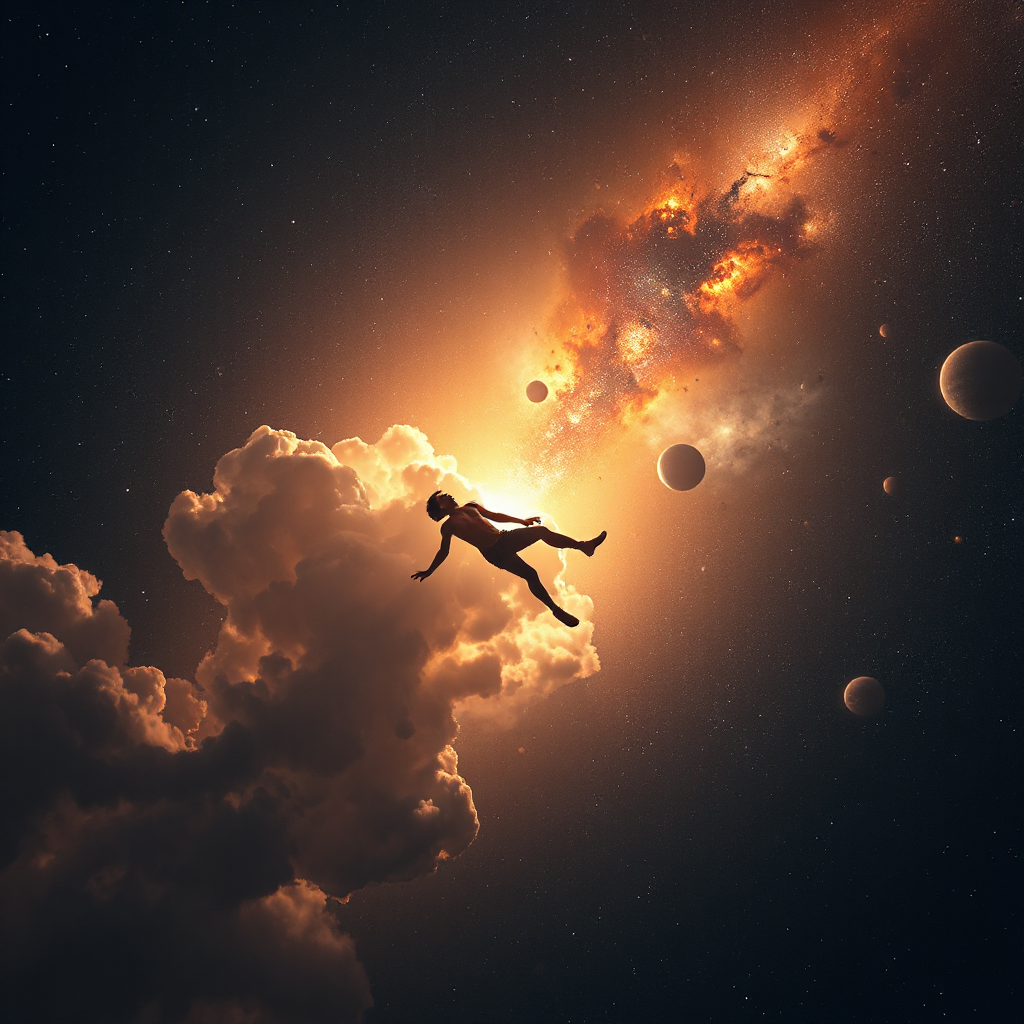 Ultra cinematic cosmic ambient album cover, a human floating peacefully in deep space, weightless body drifting between glowing nebula clouds, soft starlight illuminating the silhouette, distant galaxies and planets surrounding, warm dreamy color palette of deep blues, purples and gold light, feeling of happiness, calm and inner peace, surreal space atmosphere, soft glowing particles, ethereal light trails, minimal composition, high detail, futuristic spiritual vibe, 4K, album cover art, emotional, tranquil, inspirational, no text