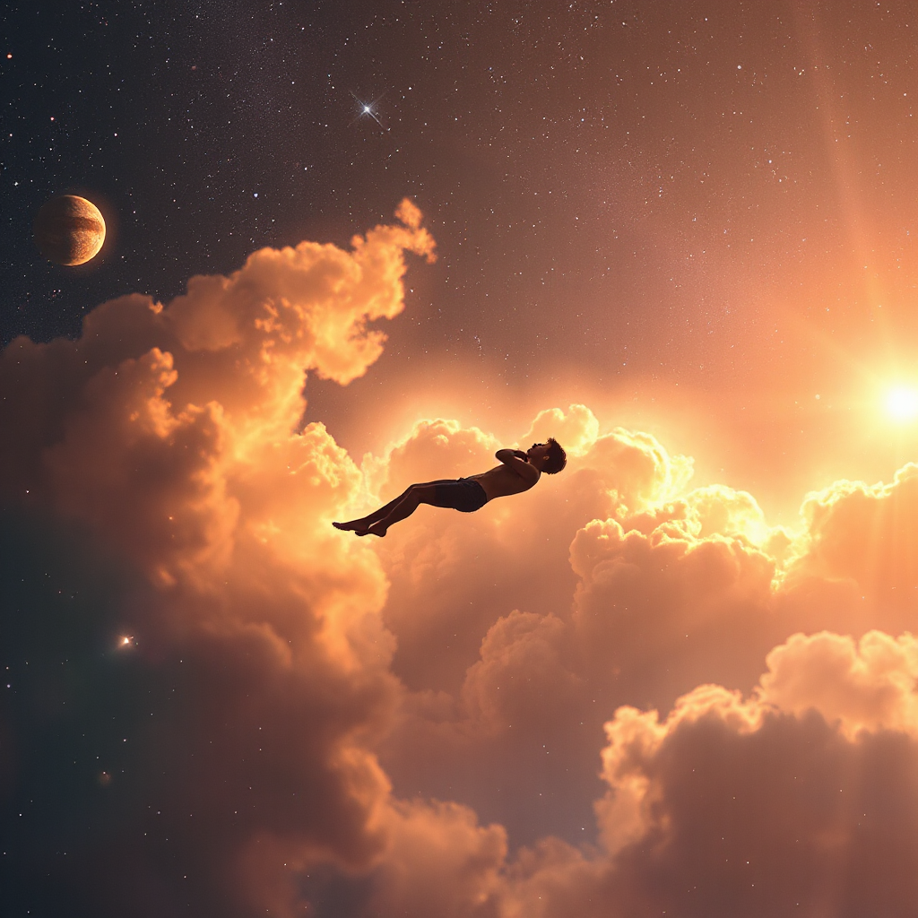 Ultra cinematic cosmic ambient album cover, a human floating peacefully in deep space, weightless body drifting between glowing nebula clouds, soft starlight illuminating the silhouette, distant galaxies and planets surrounding, warm dreamy color palette of deep blues, purples and gold light, feeling of happiness, calm and inner peace, surreal space atmosphere, soft glowing particles, ethereal light trails, minimal composition, high detail, futuristic spiritual vibe, 4K, album cover art, emotional, tranquil, inspirational, no text