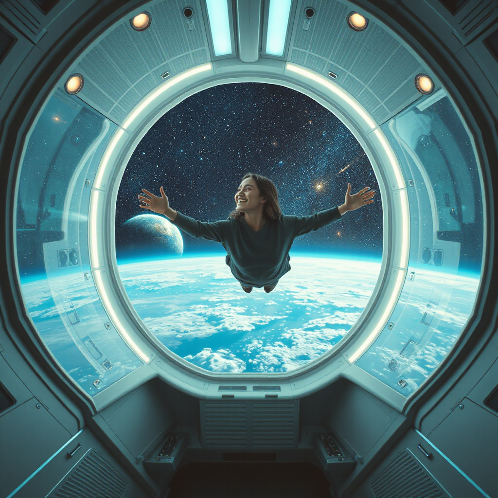 Futuristic spaceship interior with huge transparent windows showing endless universe, Earth and galaxies passing slowly outside, a relaxed person floating in zero gravity smiling peacefully, soft holographic lights, clean sci-fi design, emotional happiness, ambient cinematic lighting, ultra realistic, album cover style, 4K