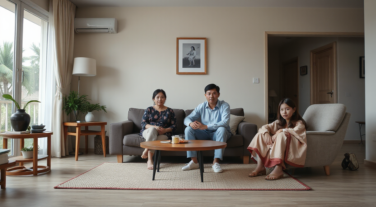 “Interior living room, three people sitting in awkward silence: mother-in-law, son, and daughter-in-law, arranged in triangle composition, subtle tension, natural lighting, minimalist realistic Indonesian home, cinematic framing”, in 3d-rendered style