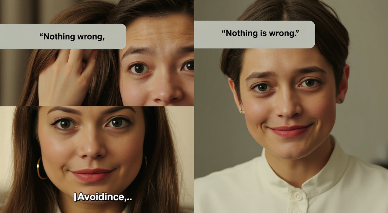 Close-up shots of each character saying “nothing is wrong” with polite smiles. However their eyes show different emotions: discomfort, avoidance, and hesitation. Slight comedic deadpan timing. Minimal movement. Silence is emphasized.