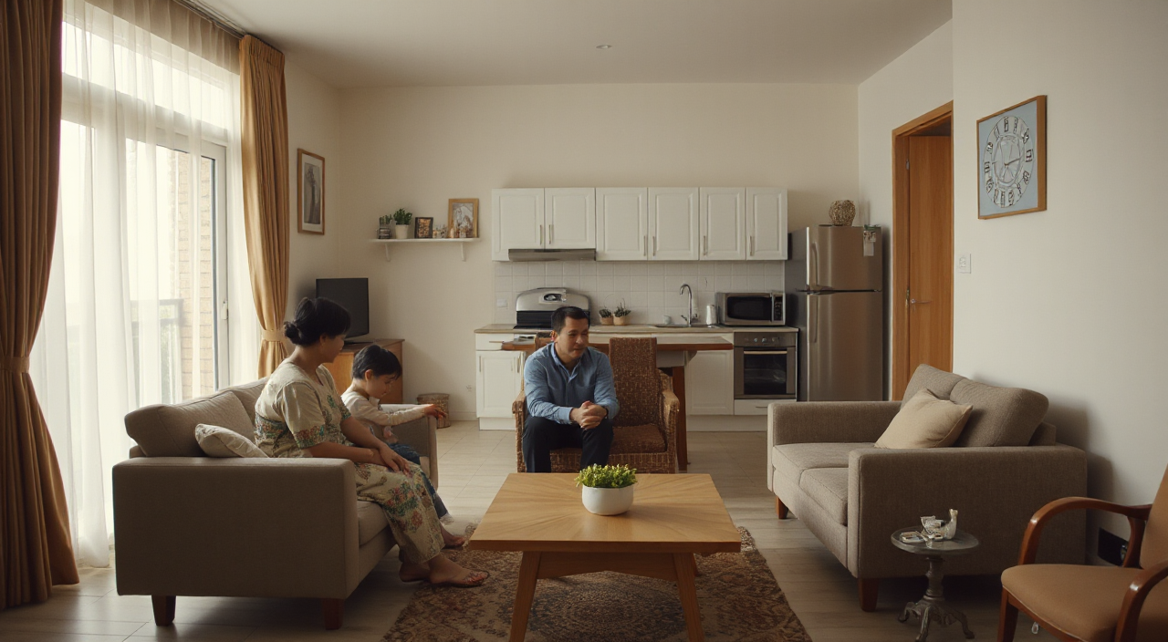 Cinematic wide shot of a simple modern Indonesian family house interior, living room connected to kitchen, soft morning natural light entering through window curtains, warm neutral color palette, clean realistic home environment, three characters visible in one frame but emotionally separated, mother-in-law sitting on sofa, son sitting in the middle, daughter-in-law near kitchen area, calm but tense atmosphere, ultra realistic, 4K, film still, shallow depth of field, documentary cinematic style