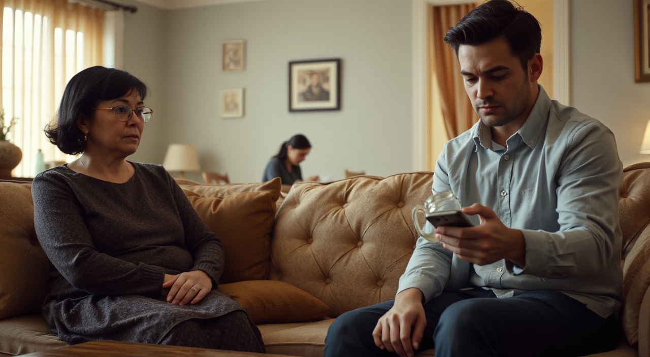 Medium cinematic shot inside a family living room, mother-in-law sitting on sofa with subtle observant expression, arms gently folded, son sitting slightly awkward looking at phone but distracted, daughter-in-law in background pretending to be busy making tea, emotional distance between all characters, quiet tension atmosphere, soft natural lighting, realistic facial expressions, cinematic depth of field, 4K ultra realistic
