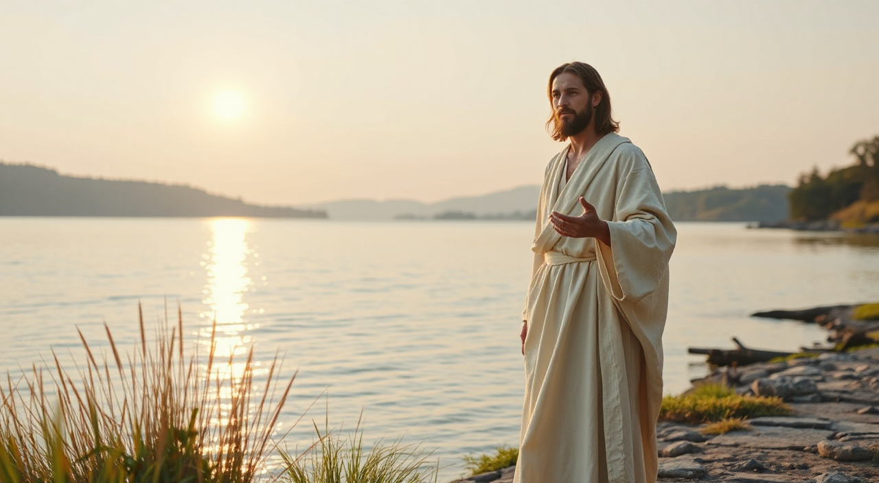 A peaceful, spiritually uplifting YouTube banner image designed to evoke tranquility, devotion, and sacred musical atmosphere, centered around a serene depiction of Jesus near a calm lakeside at golden hour. Jesus stands gently to the right side of the frame, wearing soft off-white linen robes with subtle beige undertones, relaxed posture, arms slightly open in a welcoming gesture, expression compassionate and calm, eyes gazing softly toward the horizon, conveying inner peace and divine presence.

Foreground elements include a smooth reflective water surface with gentle ripples catching warm sunlight. Slightly blurred natural grasses frame the bottom edge, adding depth. The midground features a subtle shoreline path with natural textures like stones and wood, guiding the eye toward the subject. In the background, soft rolling hills and minimal tree silhouettes fade into a pastel sky transitioning from light blue to warm golden tones.

Lighting is soft and cinematic, natural golden hour sunlight acting as the key light, creating warm highlights and long soft shadows. Ambient sky light provides gentle fill, maintaining balanced contrast. A subtle rim light effect separates the figure from the background. Overall lighting is diffused, calm, and natural.

Color palette follows a 60-30-10 harmony:
– 60% soft blue and teal tones (calmness, peace)
– 30% warm golden and beige hues (comfort, spirituality)
– 10% soft green and off-white accents (balance, purity)

Highly realistic textures: natural skin detail, soft fabric folds, subtle water reflections, organic vegetation. Clean composition with negative space on the left side for potential text overlay (YouTube safe area). Wide cinematic framing (16:9).

Camera perspective at eye level, natural depth of field with gentle background blur. Sharp focus on the subject, soft transitions across layers.

Style keywords: cinematic, photorealistic, ultra detailed, soft lighting, peaceful mood, spiritual atmosphere, high resolution, clean composition

Negative prompt: low quality, blurry, oversaturated, harsh shadows, distorted face, unrealistic anatomy, cartoon style, text, watermark, noise, cluttered scene