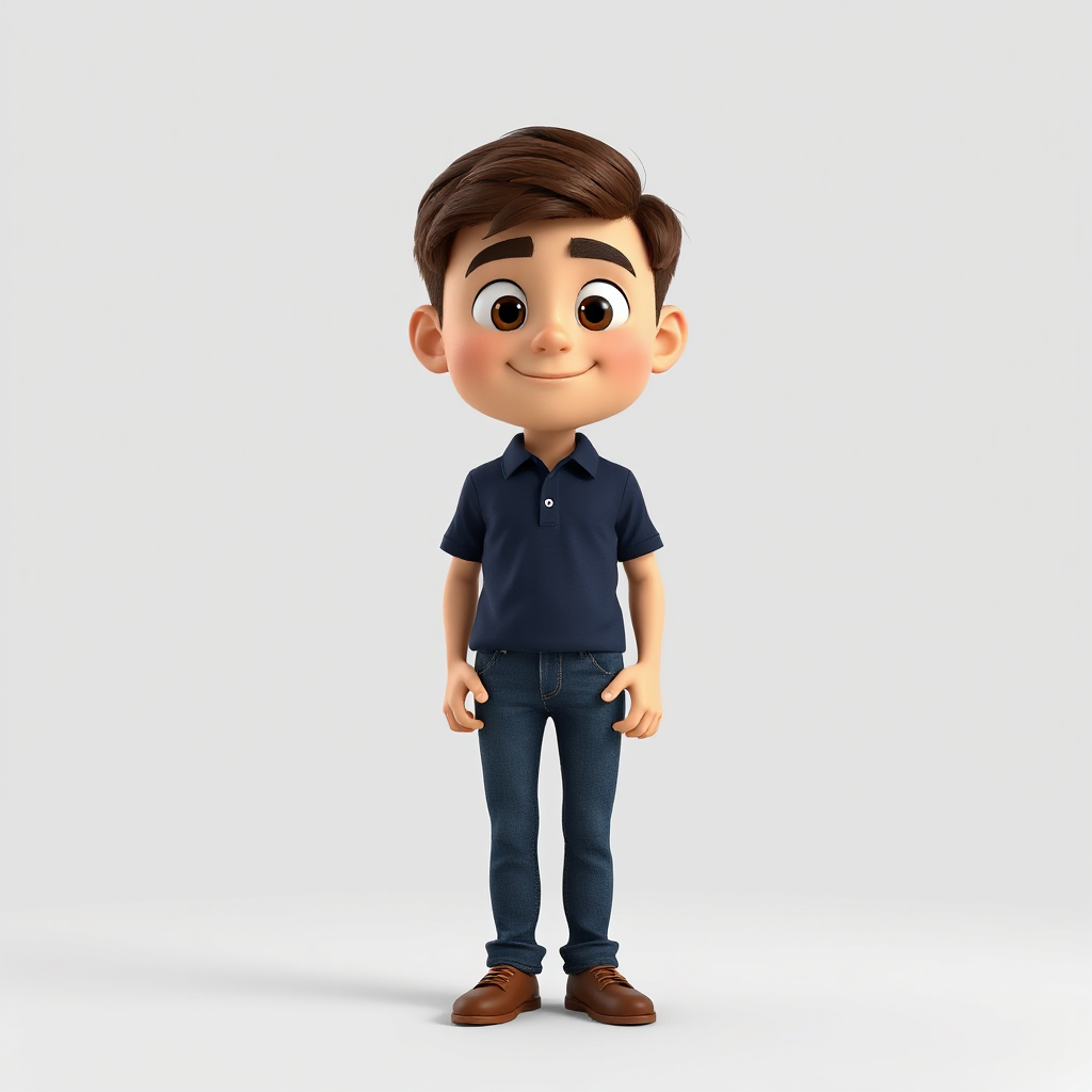 3D cartoon male character, full body front view, slightly overweight body, fair skin, round face, short dark brown hair styled neatly, thick eyebrows, big brown eyes, soft smile, clean face, wearing dark navy blue polo t-shirt, slim blue jeans, brown shoes, standing straight, arms relaxed, Pixar style, soft lighting, plain light grey background, high quality, ultra detailed, same character consistency, centered composition