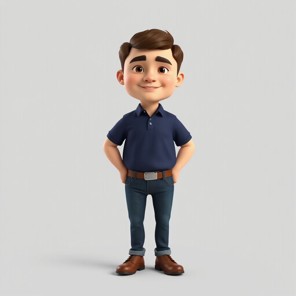 3D cartoon male character, full body front view, slightly overweight body, fair skin, round face, short dark brown hair styled neatly, thick eyebrows, big brown eyes, soft smile, clean face, wearing dark navy blue polo t-shirt, slim blue jeans, brown shoes, standing straight, arms relaxed, Pixar style, soft lighting, plain light grey background, high quality, ultra detailed, same character consistency, centered composition
30years old man
