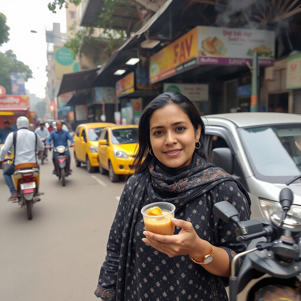 The same woman from the reference image walks slowly through a busy Delhi morning food street while filming herself in natural selfie vlog style with realistic handheld shake and walking motion, vendors fry fresh samosas and pour hot chai while steam fills the air and local traffic moves naturally behind her, she smiles while tasting crispy kachori and says in Hindi “दोस्तों, सुबह सुबह दिल्ली के स्ट्रीट फूड का मज़ा ही अलग है। ये गरमा गरम कचौरी और चाय सच में बहुत स्वादिष्ट है!”