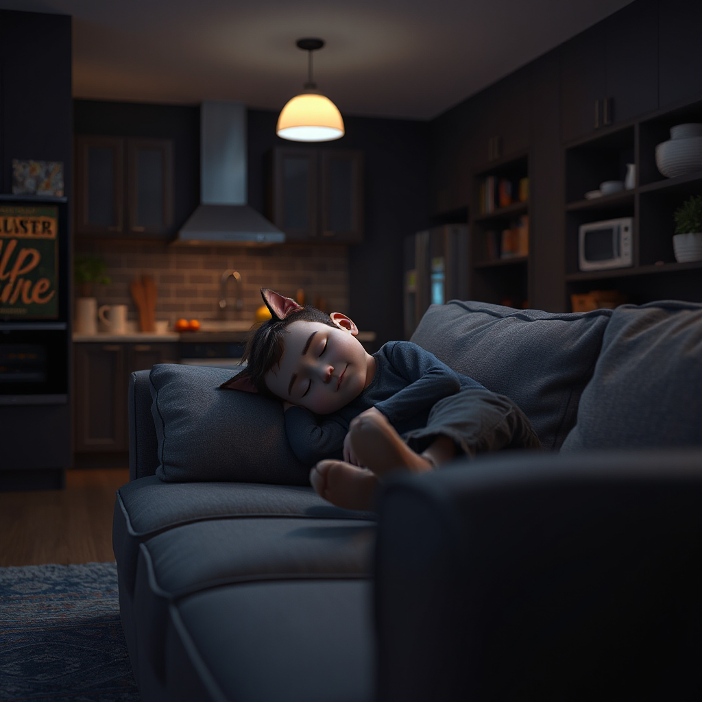 Tom sleeping on sofa at night, dark kitchen background, cinematic lighting, Pixar style, ultra detailed, 4k
2