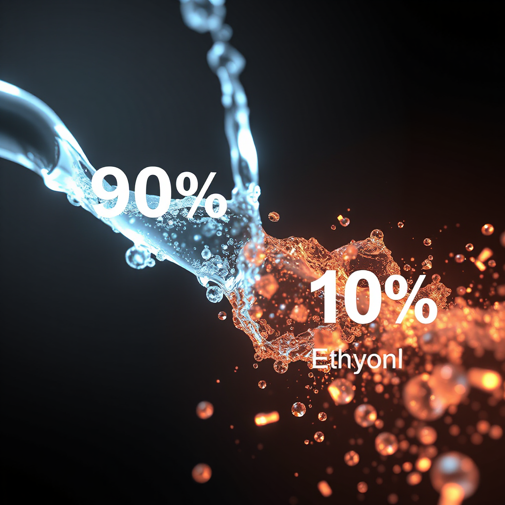 Futuristic infographic showing 90 percent gasoline and 10 percent ethanol mixing together, molecular visualization, clean scientific CGI, automotive technology documentary style, glowing particles, realistic rendering