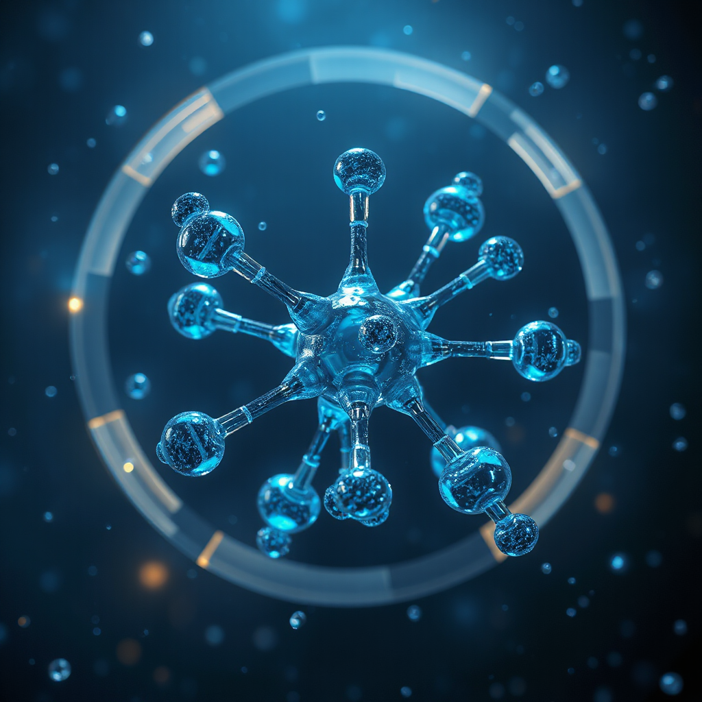 Detailed ethanol molecular structure floating in dark futuristic environment, blue glowing scientific particles, cinematic chemistry CGI, ultra realistic render