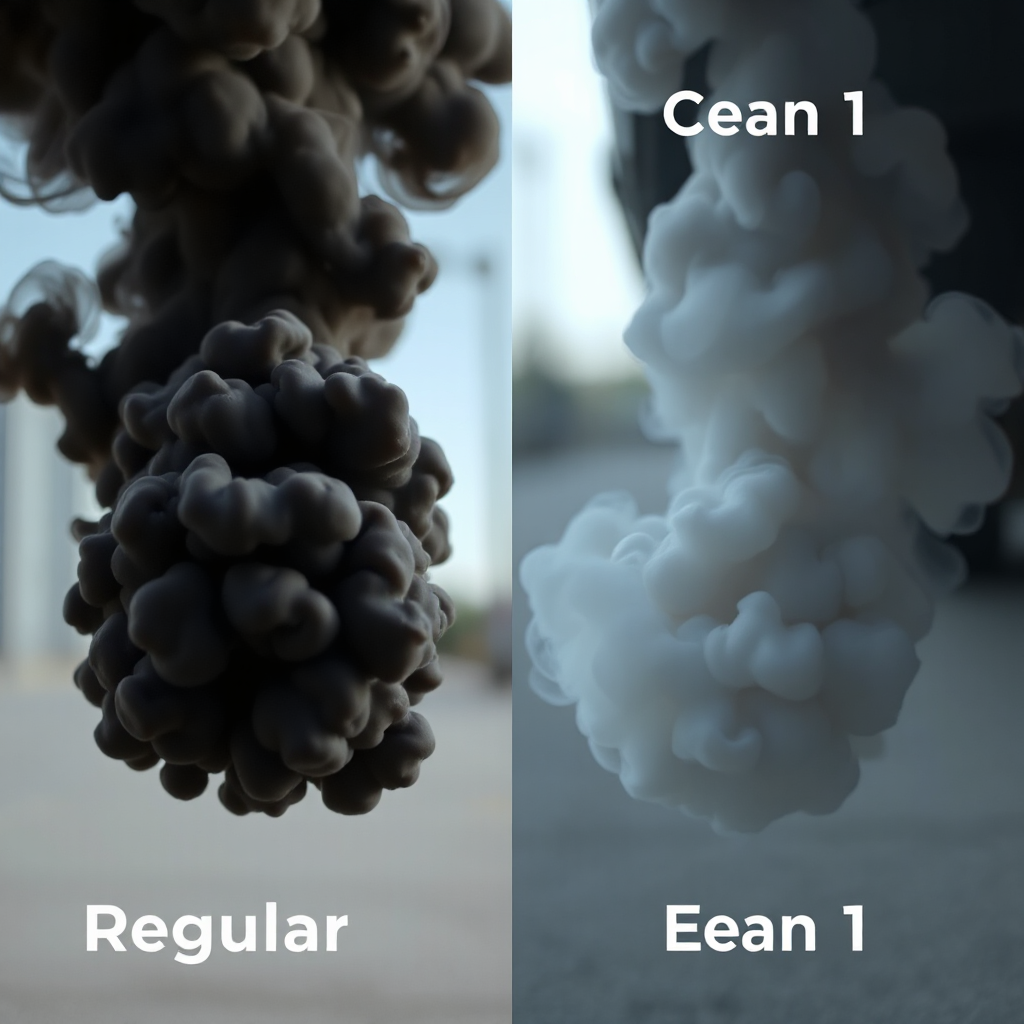 Split screen comparison between regular gasoline black smoke and clean E10 combustion, realistic exhaust visualization, cinematic automotive documentary style