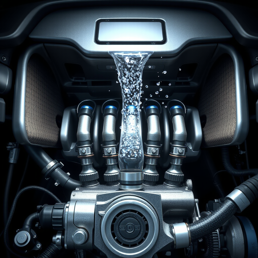Fuel injector cleaning animation inside modern car engine, carbon deposits dissolving, futuristic automotive technology CGI, ultra detailed mechanical visualization