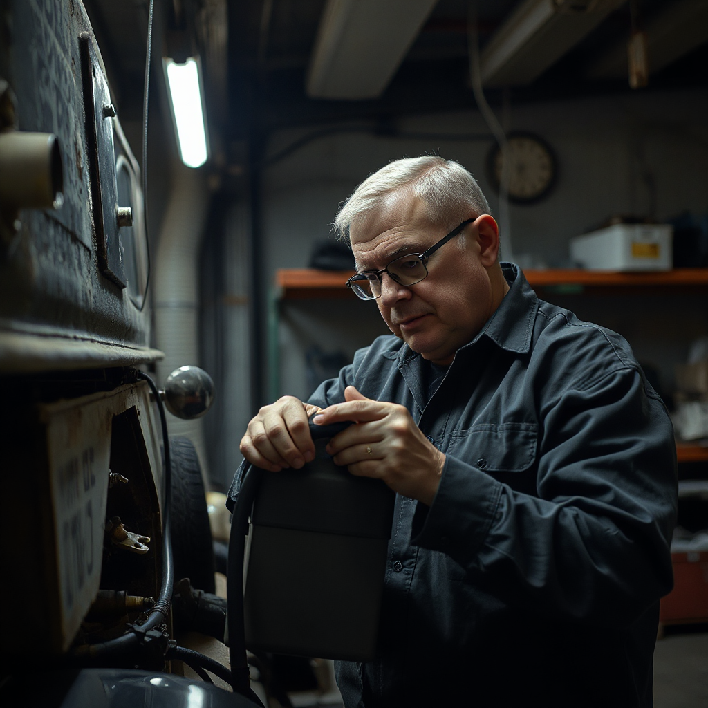 Mechanic inspecting old vehicle fuel lines and rubber components inside garage, dramatic workshop lighting, realistic automotive repair documentary style