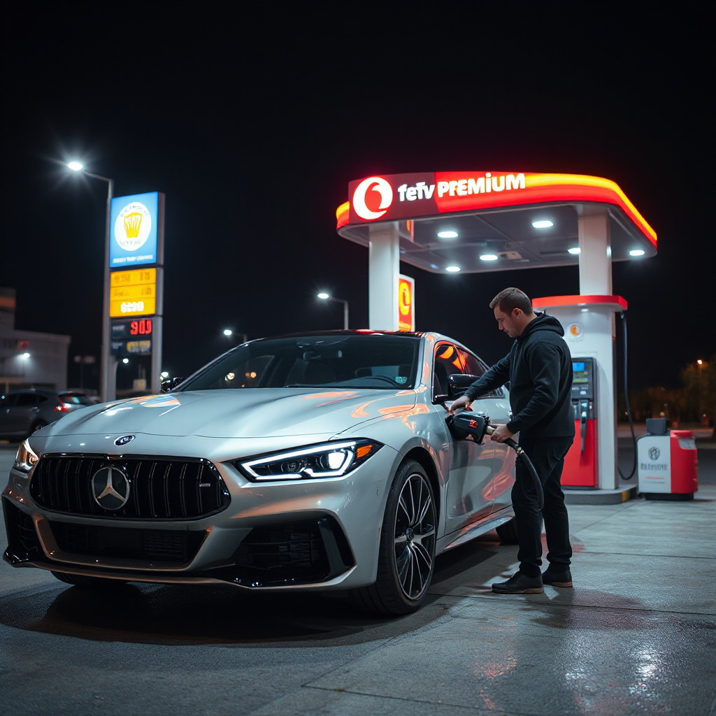 Driver refueling modern luxury vehicle at premium gas station, cinematic lighting, realistic reflections, automotive commercial style