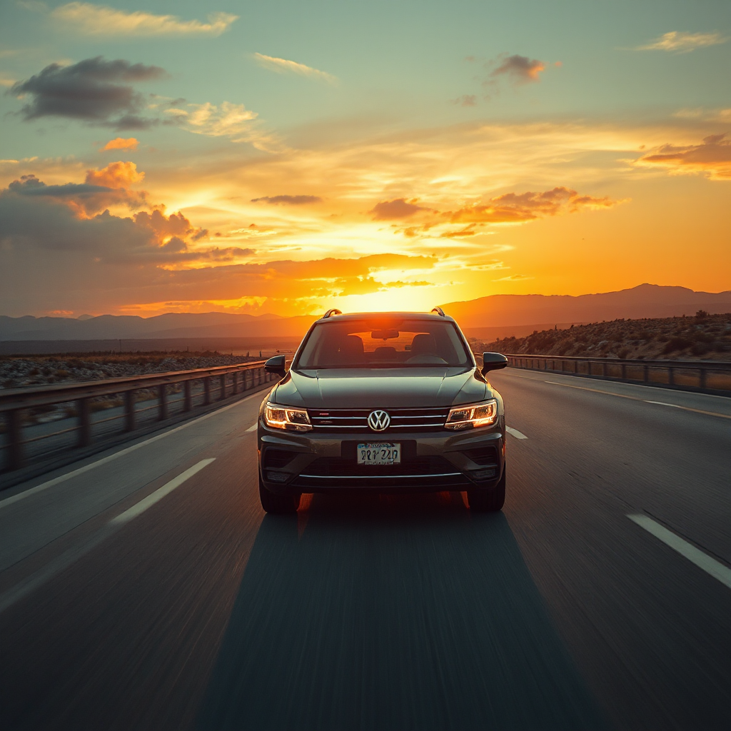 Volkswagen SUV driving into sunset on open highway, cinematic golden hour lighting, epic automotive commercial, realistic reflections, ultra detailed, emotional atmosphere