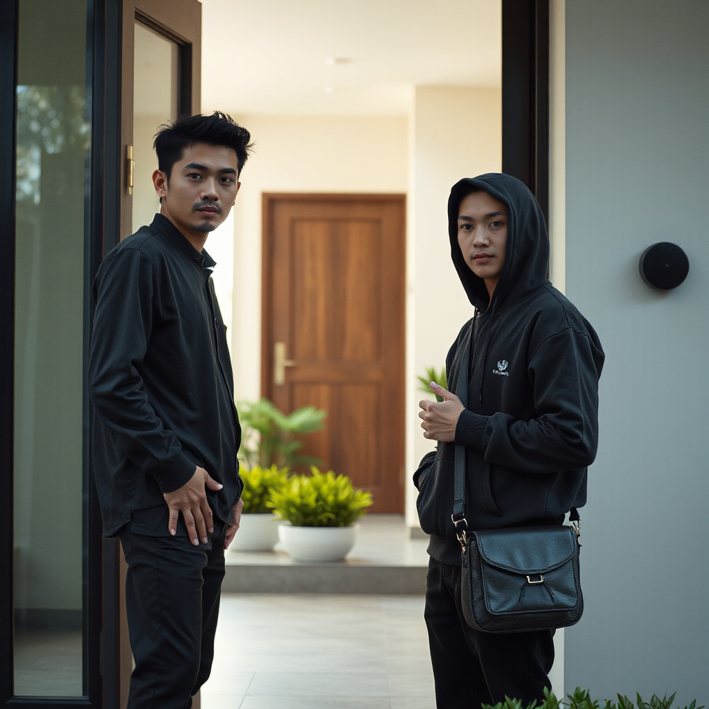 Dua pria Indonesia usia 20-an berdiri di depan pintu rumah sederhana modern di Indonesia, suasana siang hari natural dan realistis. Satu pria membuka pintu dengan ekspresi bingung dan curiga, memakai kaos abu-abu gelap. Pria satunya berdiri di luar rumah memakai hoodie abu terang dan tas ransel, terlihat canggung sambil menggerakkan tangan seperti sedang memulai obrolan basa-basi sebelum meminta sesuatu. Background rumah minimalis Indonesia dengan tanaman hijau kecil di samping pintu. Cinematic lighting, candid photography style, natural skin texture, emotional expression, Indonesian atmosphere, shallow depth of field, ultra realistic, 35mm photography, soft warm daylight, relatable social interaction, no text, no watermark, 16:9 aspect ratio.