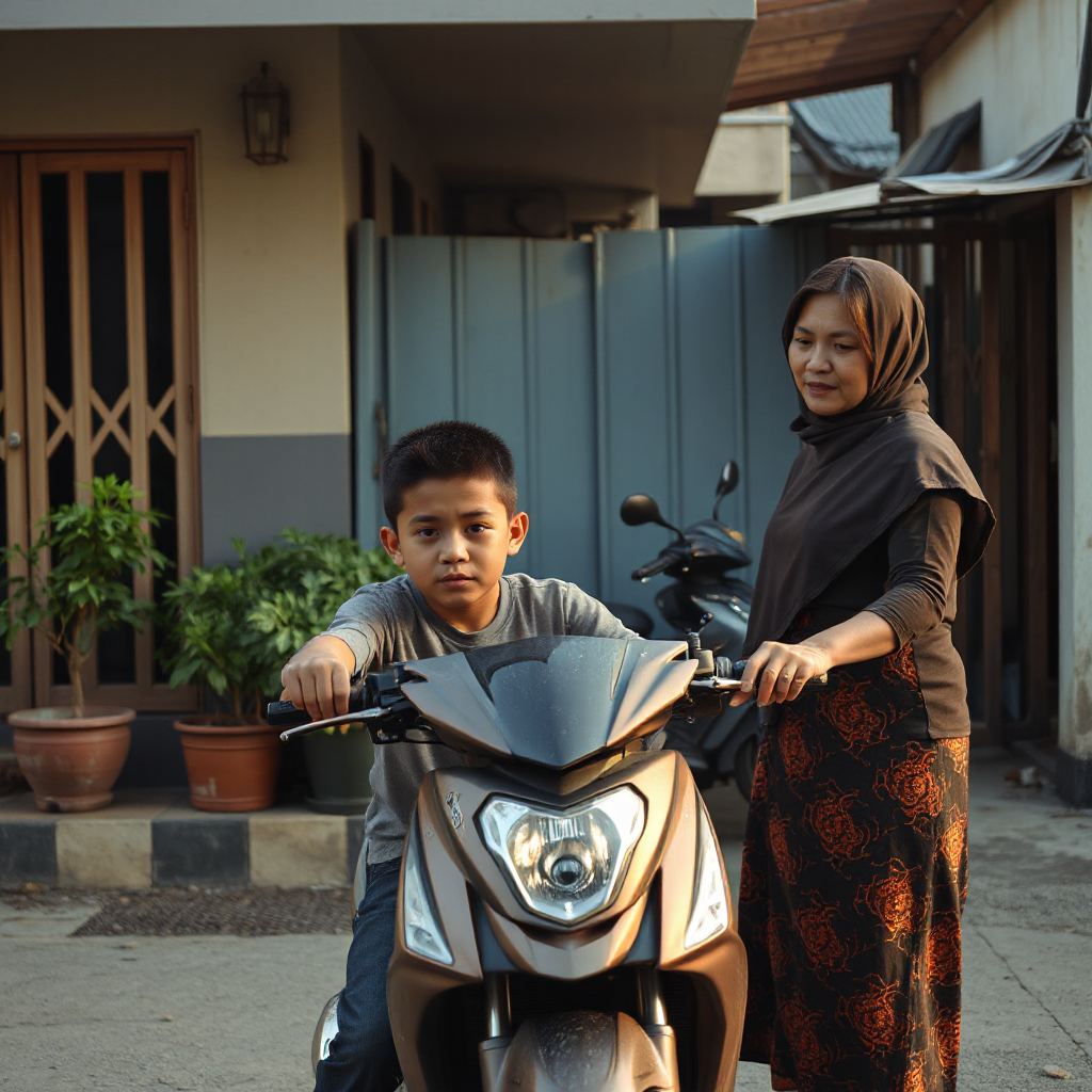 Seorang pemuda Indonesia baru keluar rumah sambil memegang helm motor, dihentikan oleh ibu tetangga paruh baya yang tersenyum ramah di gang kecil perumahan Indonesia. Pemuda terlihat bingung setengah awkward sambil berhenti melangkah. Suasana gang komplek Indonesia yang hangat dan realistis, ada motor parkir, tanaman pot, pagar rumah sederhana. Natural candid interaction, cinematic composition, warm afternoon lighting, relatable Indonesian neighborhood culture, expressive faces, documentary photography style, ultra realistic, detailed environment, no text, no watermark, 16:9 aspect ratio.