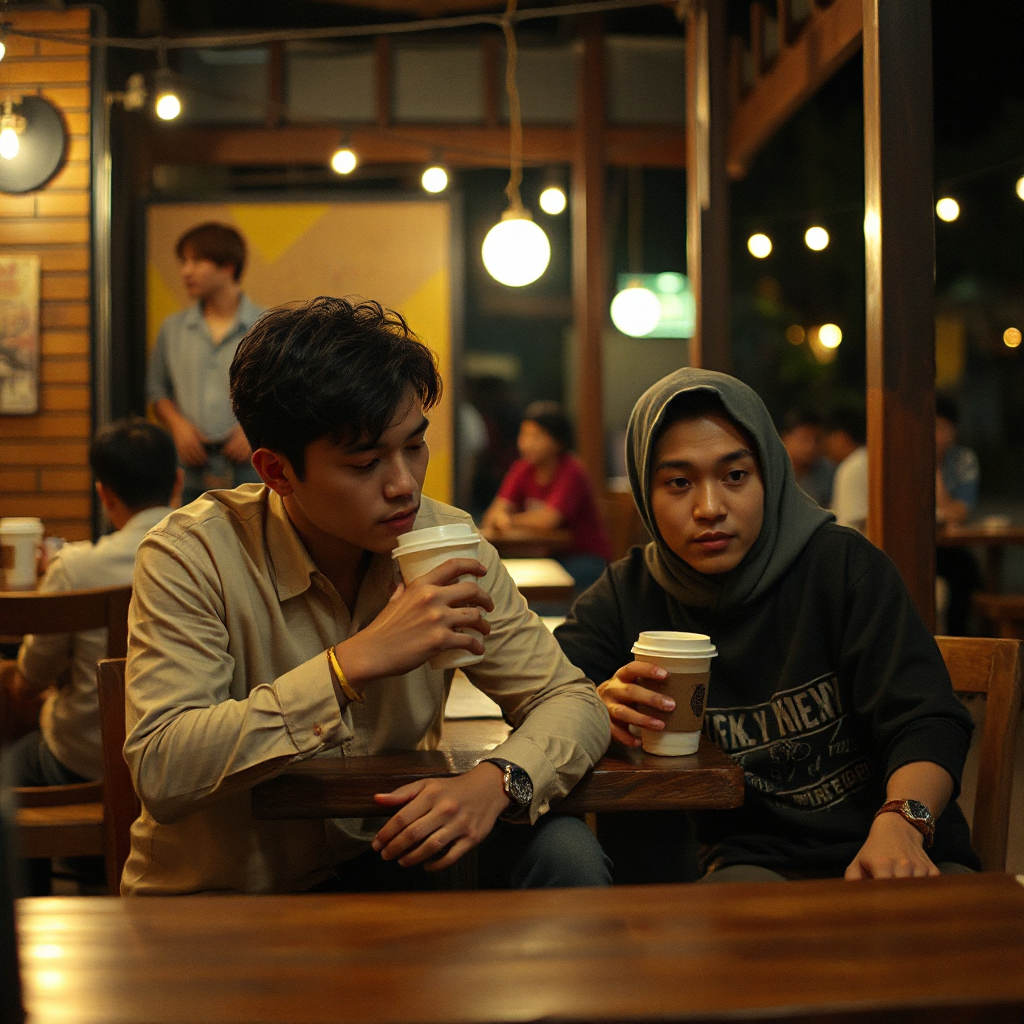 Dua sahabat pria Indonesia sedang duduk di warung kopi sederhana malam hari. Satu orang terlihat semangat mengajak nongkrong sambil tersenyum lebar, sedangkan temannya tersenyum terpaksa dengan ekspresi lelah dan mata kosong seolah sebenarnya ingin pulang tidur. Ada gelas kopi dan suasana tongkrongan Indonesia yang realistis. Emotional contrast between spoken politeness and inner exhaustion. Warm cinematic lighting, shallow depth of field, highly detailed face expressions, realistic candid photography, relatable Indonesian youth culture, no text, no watermark, 16:9 aspect ratio.