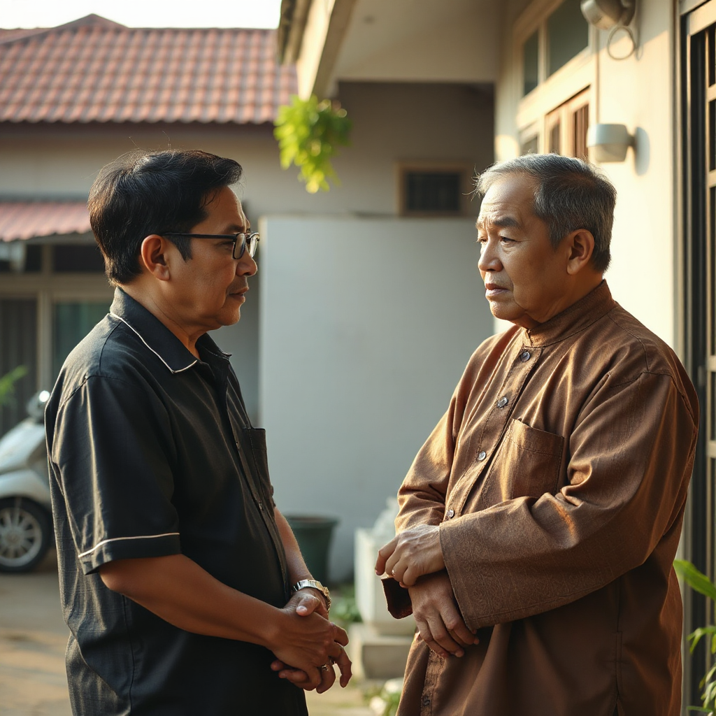 Middle-aged Indonesian parents talking seriously outside their home with concerned expressions, discussing their unmarried adult child, neighborhood atmosphere, realistic Indonesian residential area, emotional family concern, warm afternoon sunlight, cinematic storytelling, ultra realistic photography, 16:9