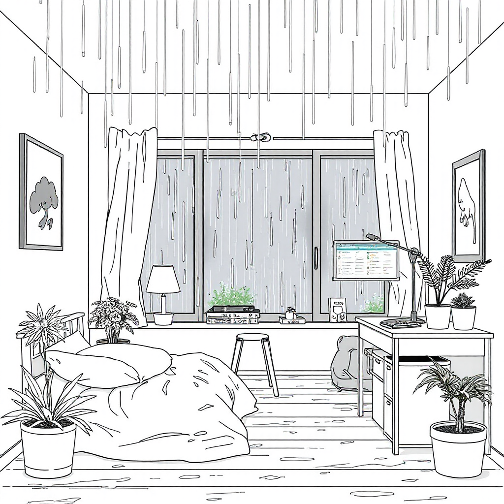 imagen para colorear, en blanco con lineas negras, cozy animation, ghibli inspired, rainy day anime, cozy anime ambience, relaxing animation, slice of life anime, rain sounds, cozy room, anime aesthetic, calming video, study ambience, sleep ambience, peaceful animation