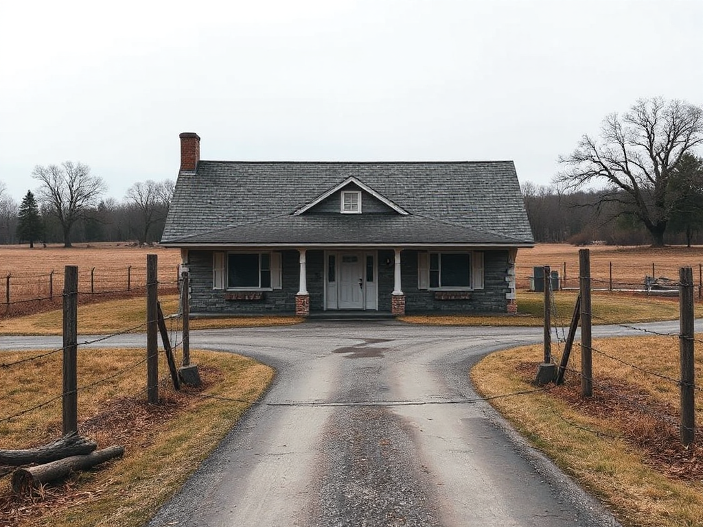 A distressed 1900s craftsman bungalow style home on a rural american property of several acres, surrounded by barbed wire fencing, with a 100-foot driveway leading up to the home. , in 3d-rendered style
