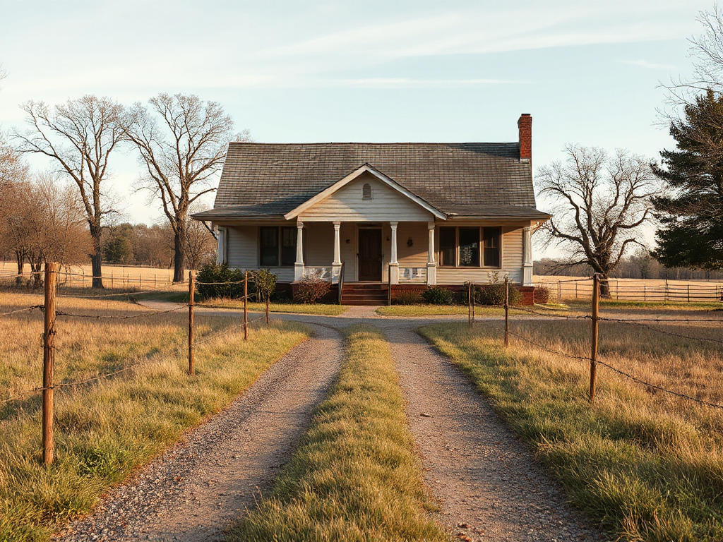 A distressed 1900s craftsman bungalow style home on a rural american property of several acres, surrounded by barbed wire fencing, with a 100-foot driveway leading up to the home. , in 3d-rendered style