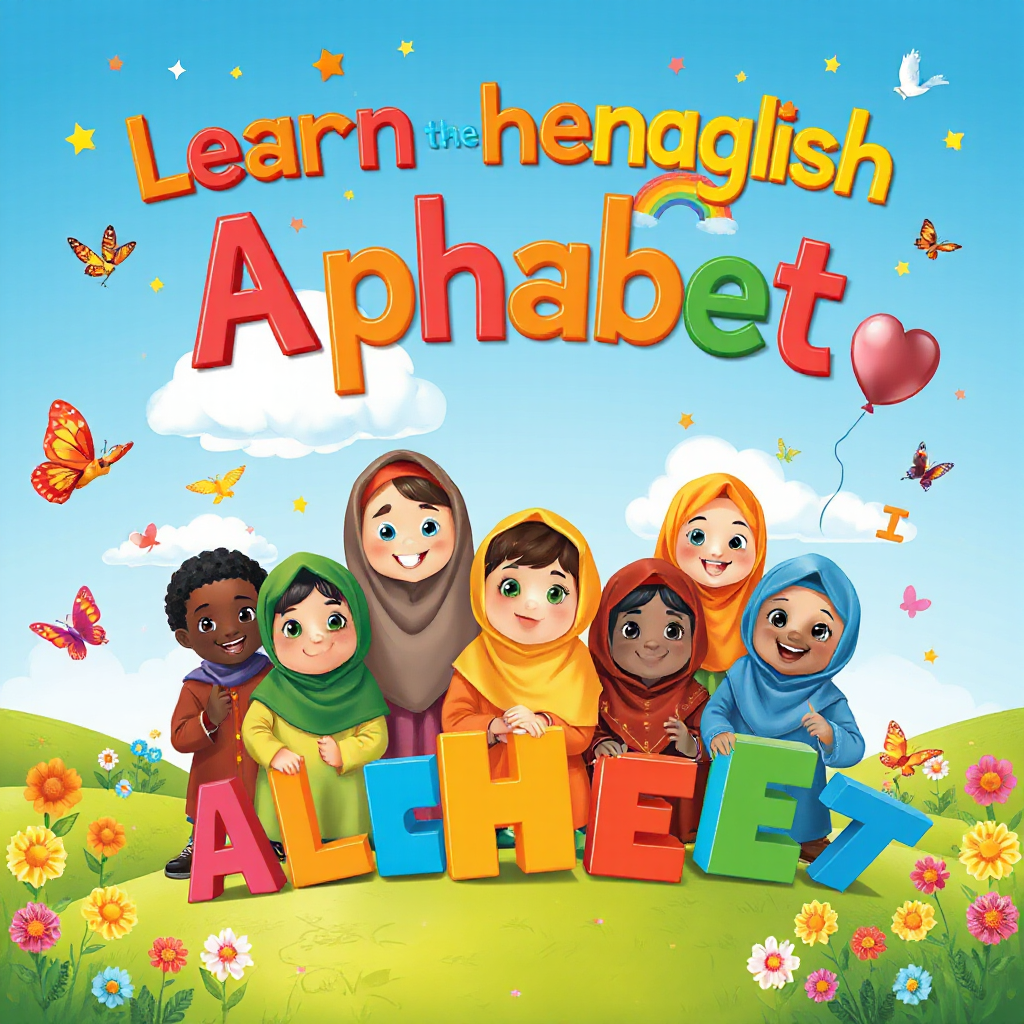 Create a professional children's book front cover in **A4 portrait format (210 × 297 mm)** for a book titled **"Learn the English Alphabet."**
Design a bright, colorful, and engaging cover for children aged 3–7. The title should be large, bold, playful, and easy to read, positioned prominently at the top of the cover. Use vibrant colors and fun decorative elements such as stars, sparkles, and patterns to make the title appealing to young readers.
The main illustration should feature a group of happy, smiling children from diverse ethnic backgrounds, including African, Asian, Middle Eastern, Indigenous, and European heritage. The girls should be wearing colorful hijabs in various bright shades, while the boys wear cheerful, age-appropriate clothing without hijabs. The children should appear friendly, joyful, and excited about learning.
Surround the children with colorful English alphabet letters (A–Z). Some letters can float in the background, while others appear as playful 3D blocks around the children. Include a cheerful outdoor setting with a bright blue sky, fluffy white clouds, green grass, colorful flowers, butterflies, birds, and a rainbow. Letter-shaped balloons may also be floating in the air.
The composition should be optimized for an A4 portrait book cover. Place the title in the upper portion of the page, the children in the center, and distribute the alphabet letters throughout the design without blocking the title. Leave a small clear area near the bottom for an author name if needed.
Use a high-quality children's book illustration style with vibrant colors, warm lighting, friendly expressions, and professional publishing quality. The overall mood should be educational, inclusive, welcoming, joyful, and inspiring. Ensure the image is high-resolution, print-ready, and suitable for commercial publication.