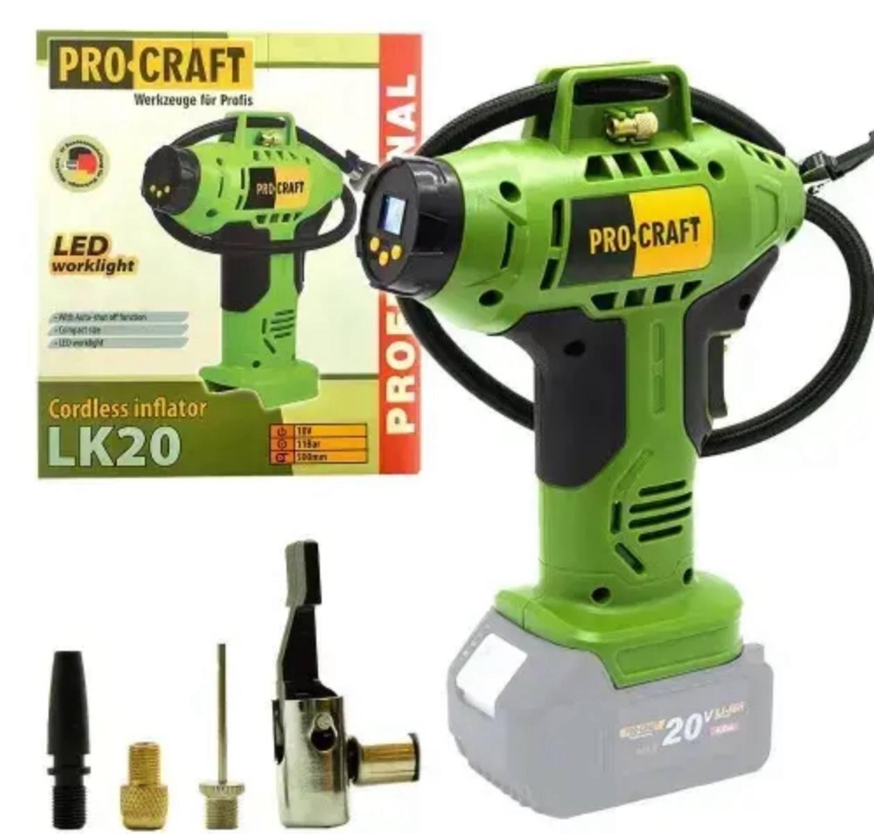 Компрессор Procraft LK20 аккумуляторный автомобильный для подкачки шин, безмасляный, 11 атм, 24 В для дома и гаража 12 л мин