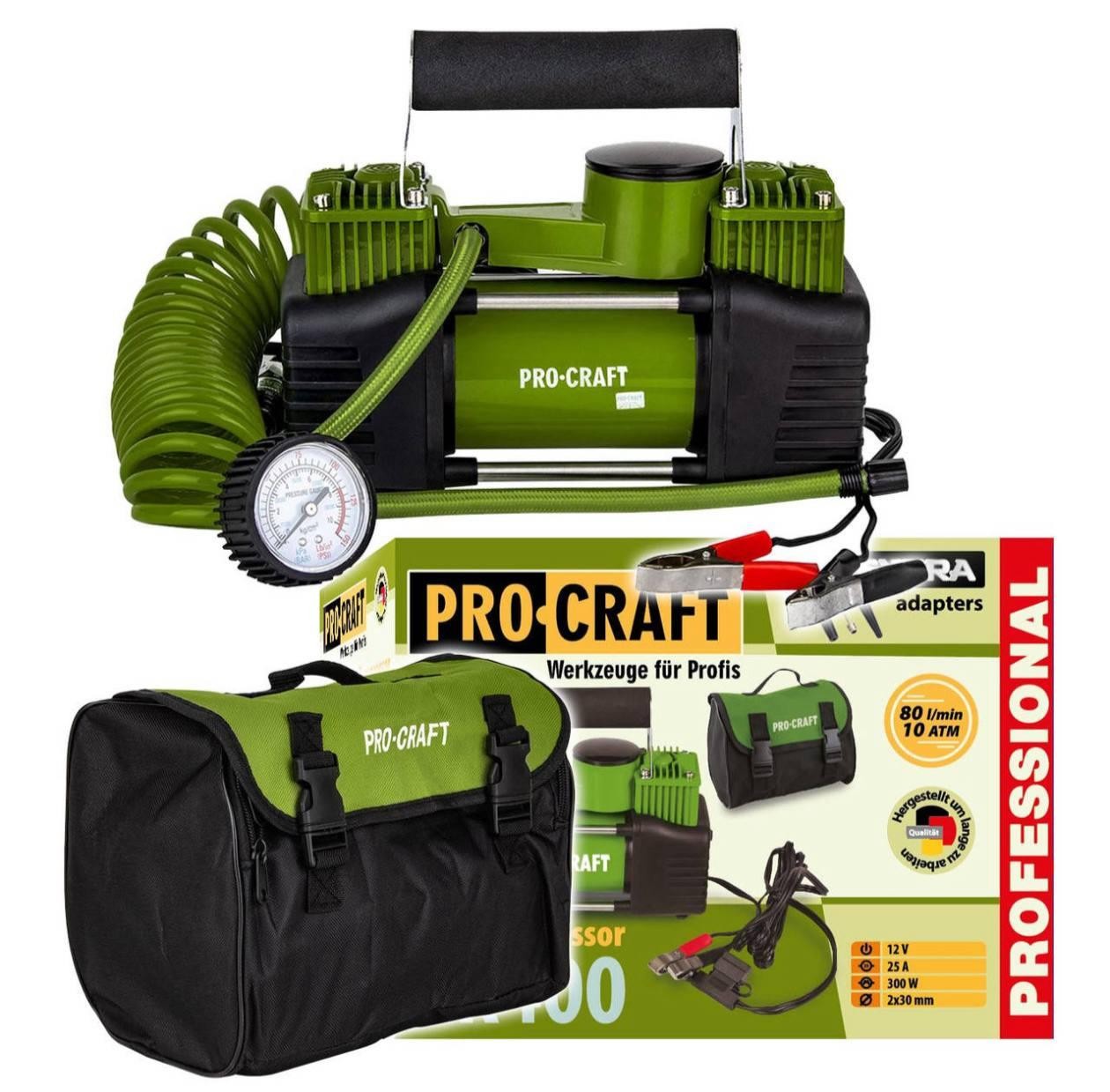 Компрессор Procraft LK400 автомобильный аккумуляторный для подкачки шин 12В, 80 л мин с давлением 10 атм, двухпоршневой