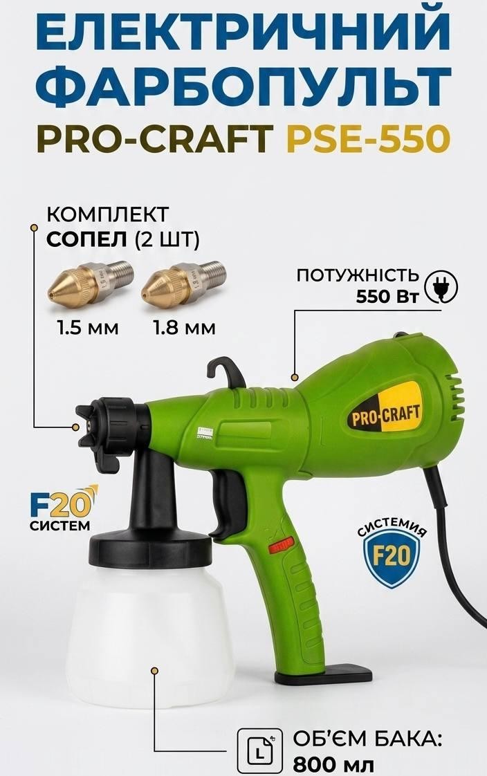 Краскопульт Procraft PSE 550 электрический для покраски авто, дома, с регулировкой подачи, дюза 1.5 и 1.8 мм 0.8 л бак 550 Вт