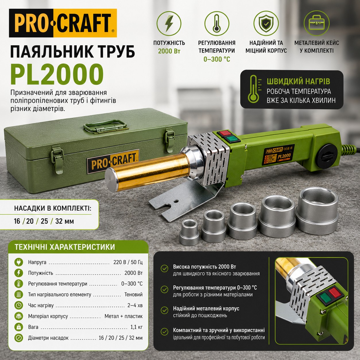 Паяльник для труб Procraft PL2000, электрический для пластиковых труб, с насадками 16-32 мм для пайки труб, для дома и мастерской