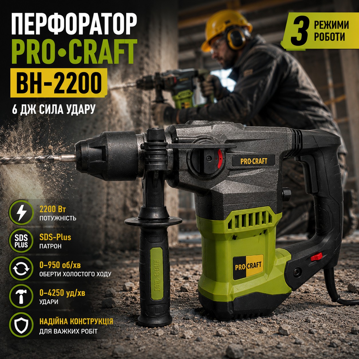 Перфоратор Procraft BH 2200 электрический, мин для сверления и долбления бетона 32 мм, для дома и мастерской, для дачи и гаража