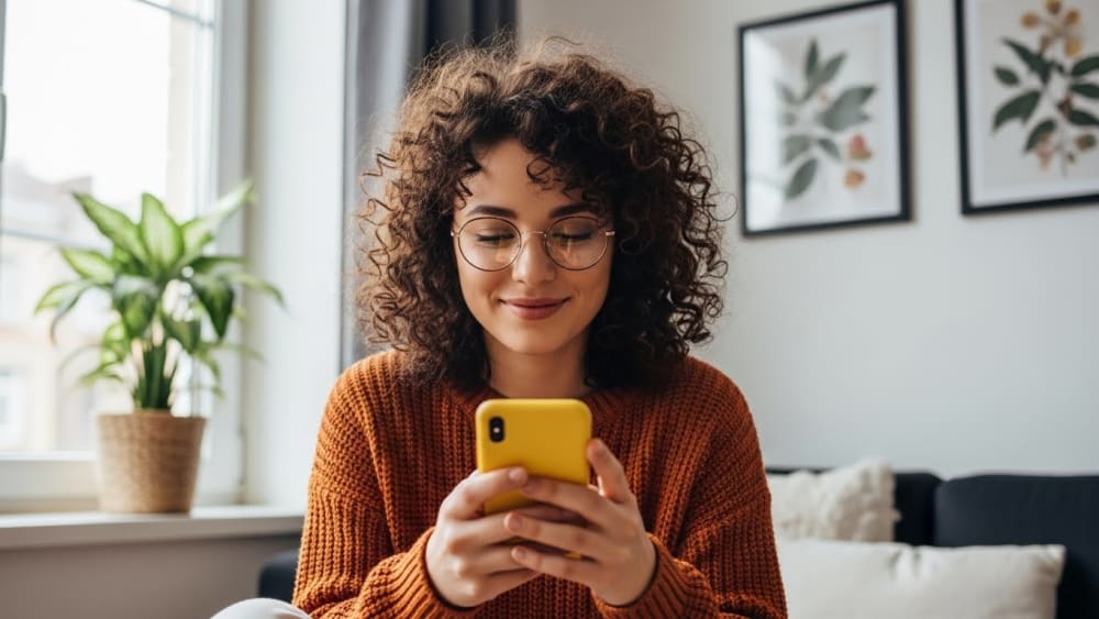 Smiling Young Woman Browsing Smartphone Happily at Home
