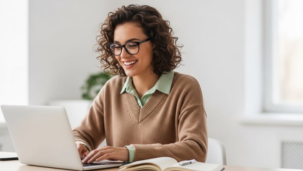 Focused Young Professional Smiling While Typing on Laptop at Work